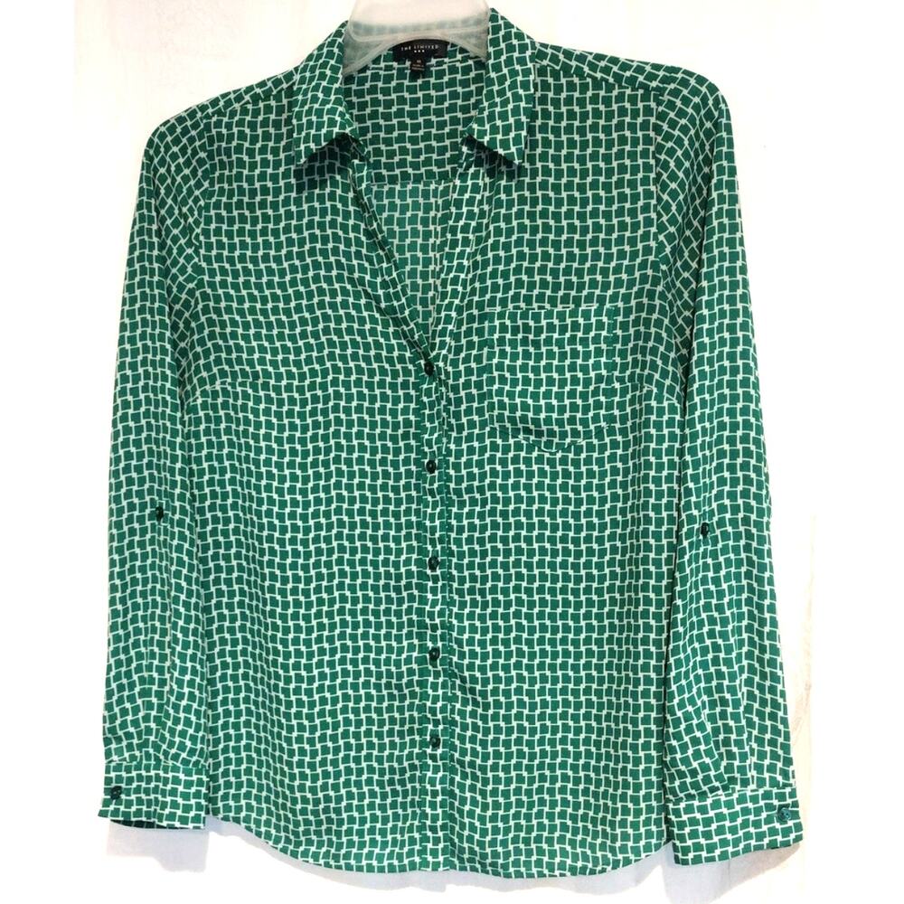 The Limited Womens Med Green White Blouse Tab Sleeve Geometric Office Casual